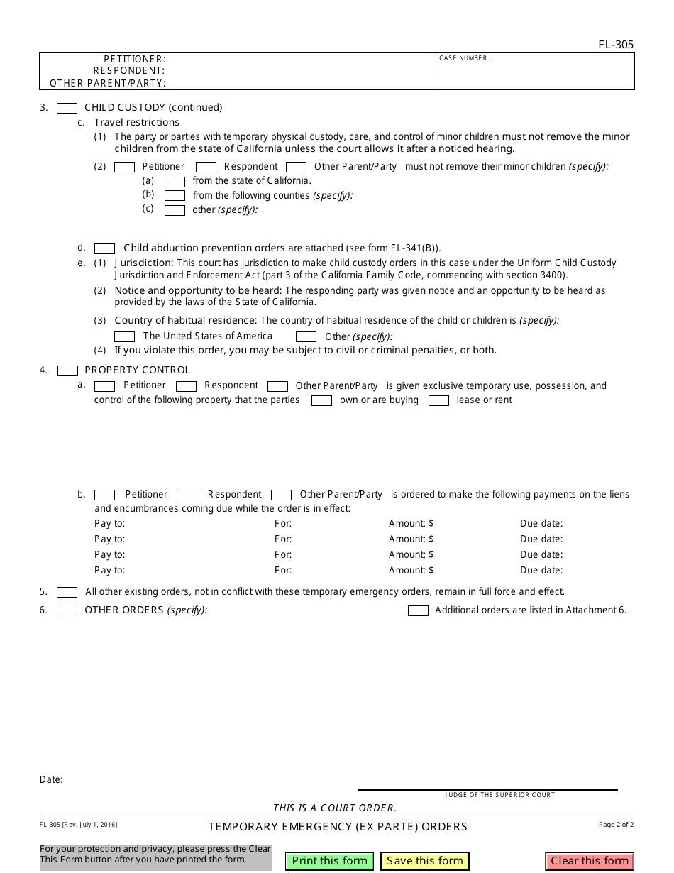 Form FL-305 Temporary Emergency (Ex Parte) Orders - California, Page 2