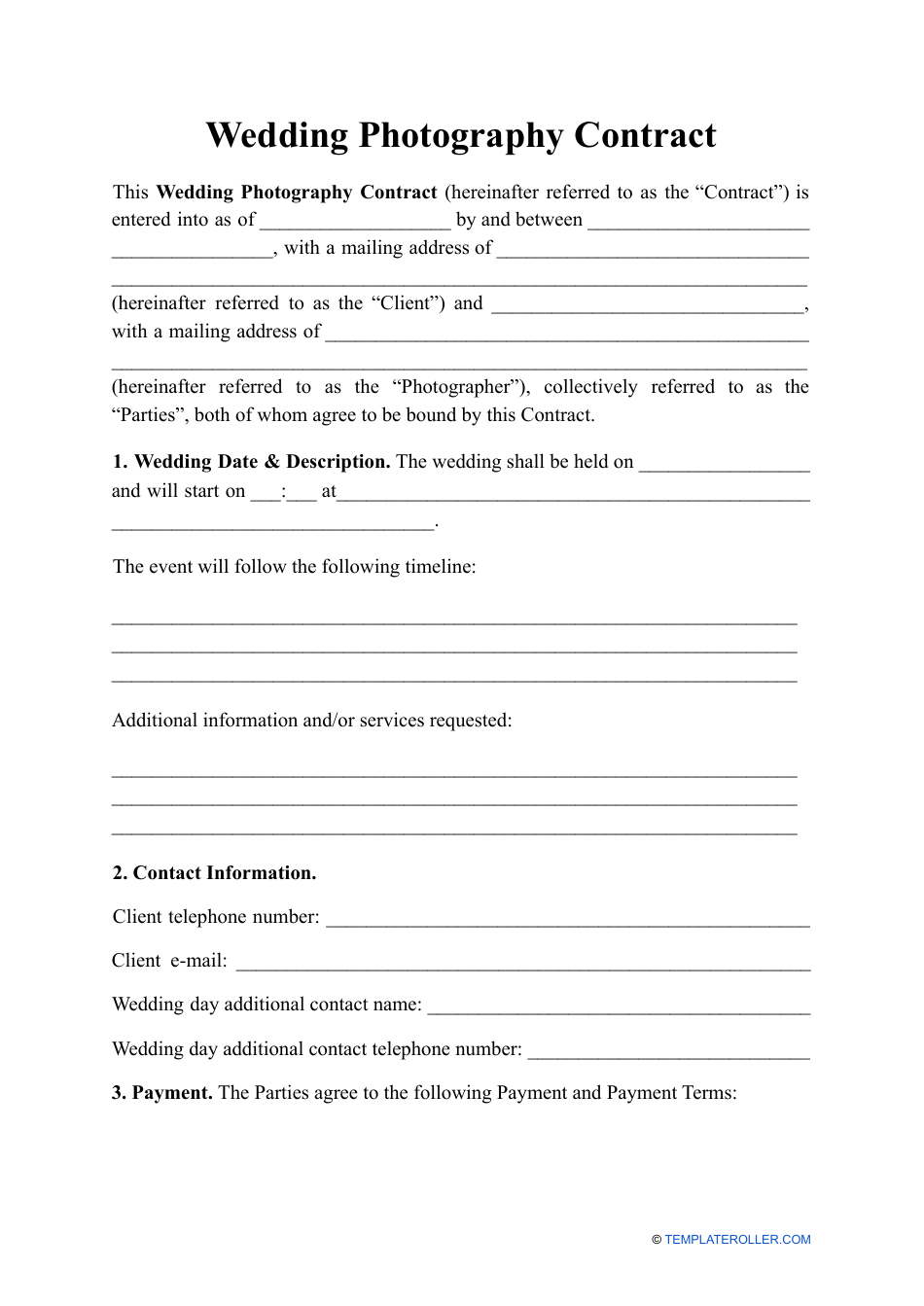 Wedding Photography Contract Template Download Printable Pdf Templateroller