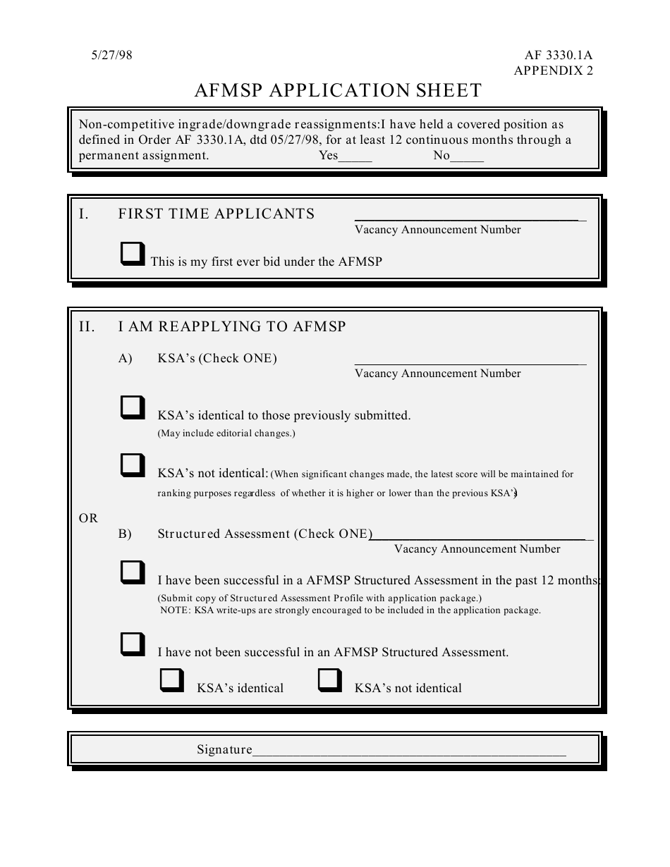 FAA Form 3330.1A Afmsp Application Sheet, Page 1