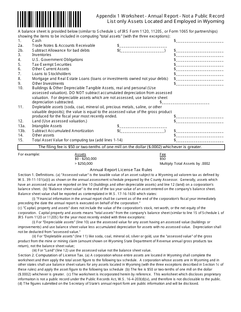 Appendix 1 Worksheet - Annual Report - Not a Public Record - Wyoming