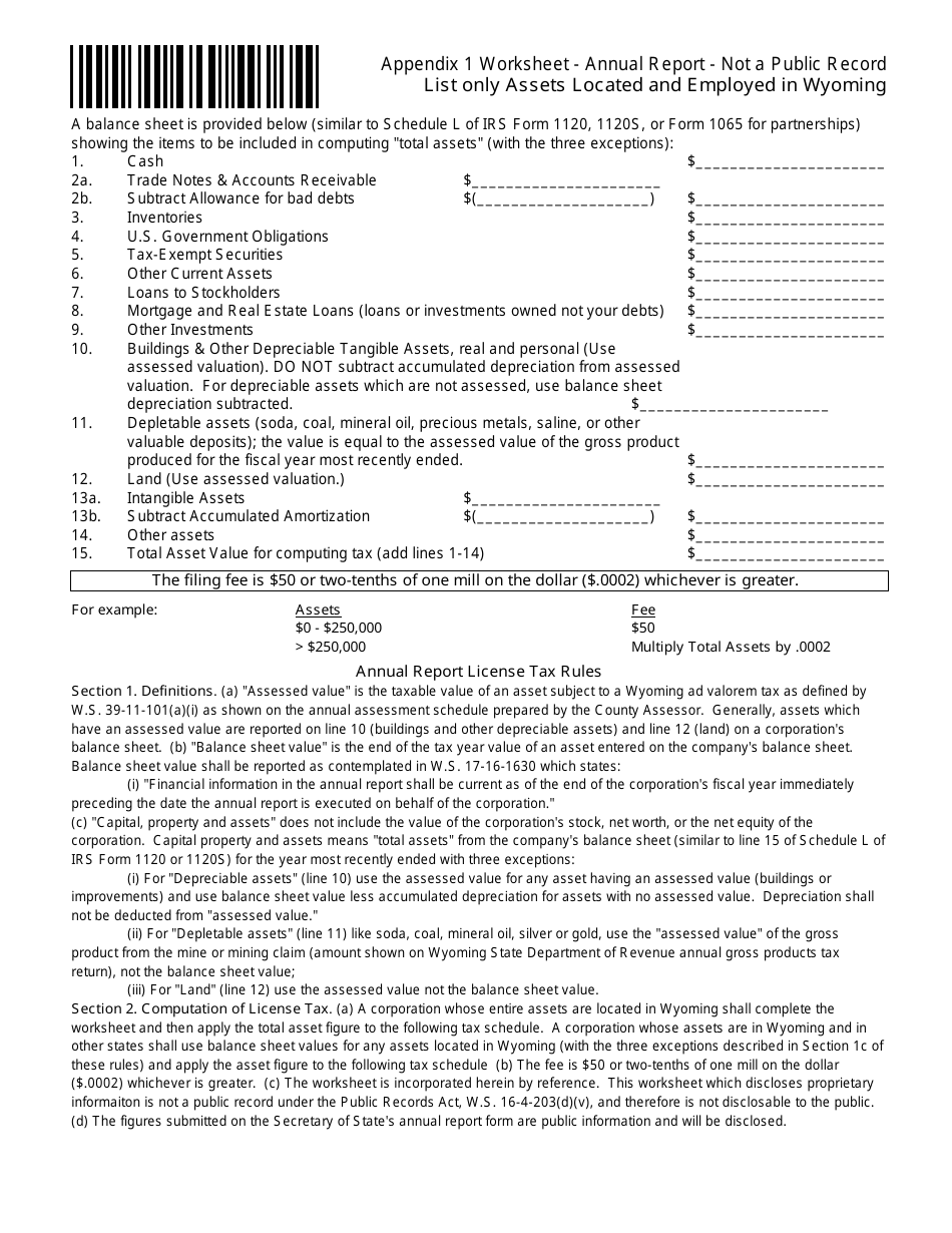 Appendix 1 Worksheet - Annual Report - Not a Public Record - Wyoming, Page 1