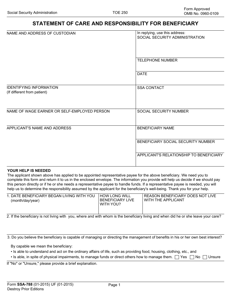 Form SSA-788 Statement of Care and Responsibility for Beneficiary, Page 1