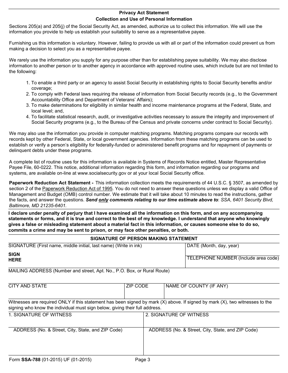 Form SSA-788 Statement of Care and Responsibility for Beneficiary, Page 3