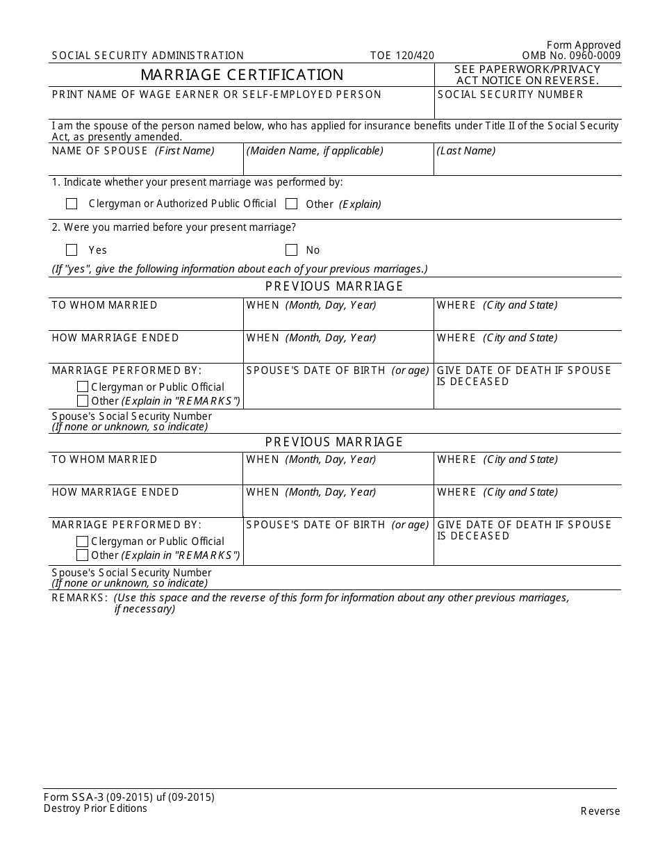 Form SSA-3 Marriage Certification, Page 1