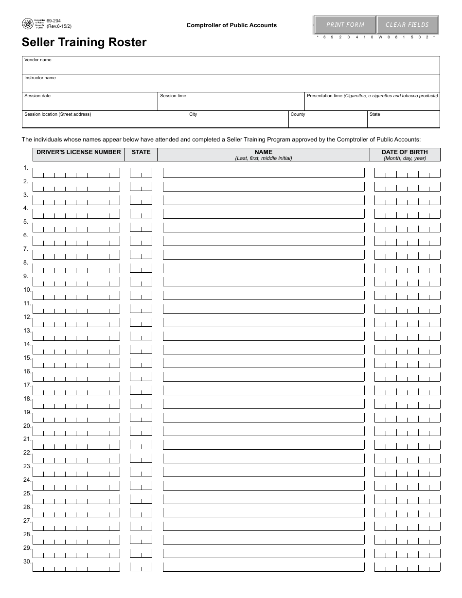 Form 69-204 Seller Training Roster - Texas, Page 1