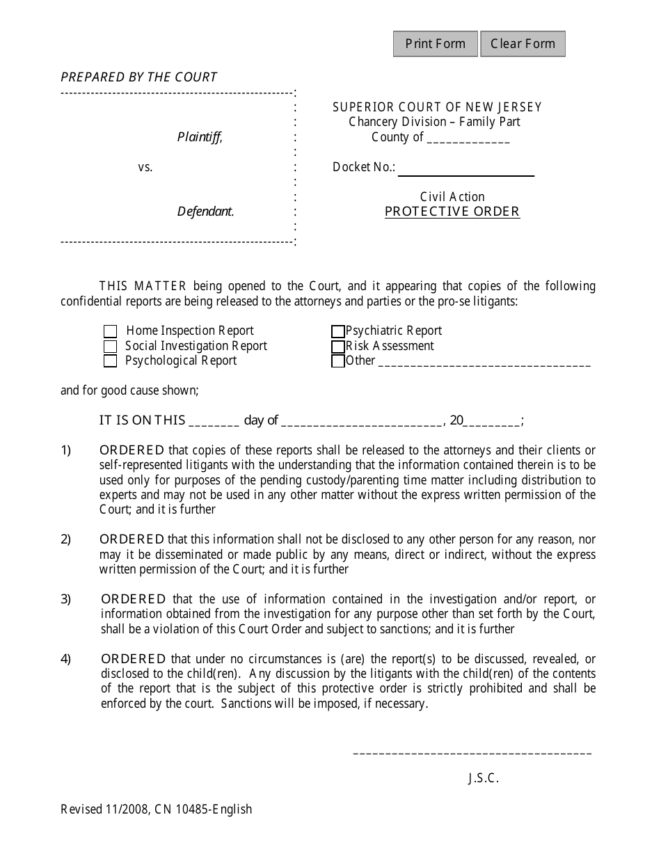 Form 10485 Protective Order - New Jersey, Page 1