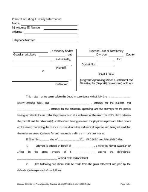 Form 10520 Judgment Approving Minor's Settlement and Directing the (Deposit) (Investment) of Funds - New Jersey
