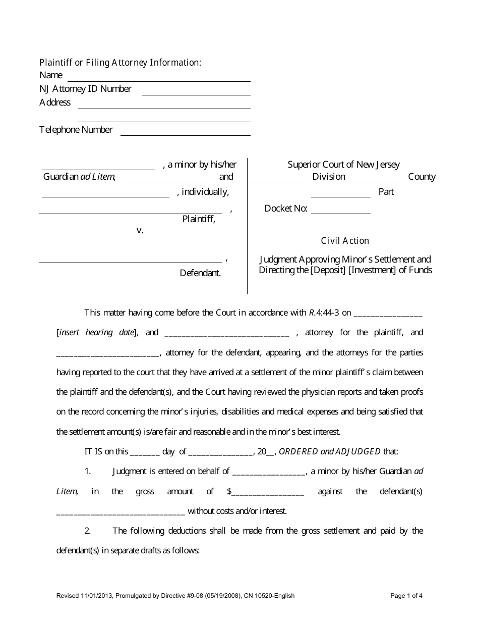 Form 10520 Judgment Approving Minors Settlement and Directing the (Deposit) (Investment) of Funds - New Jersey, Page 1