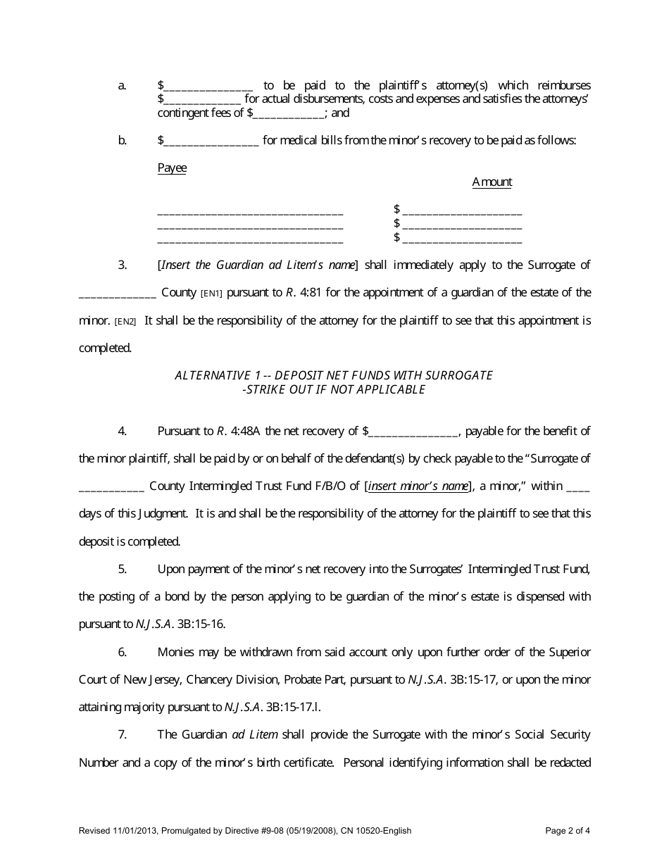 Form 10520 Judgment Approving Minors Settlement and Directing the (Deposit) (Investment) of Funds - New Jersey, Page 2