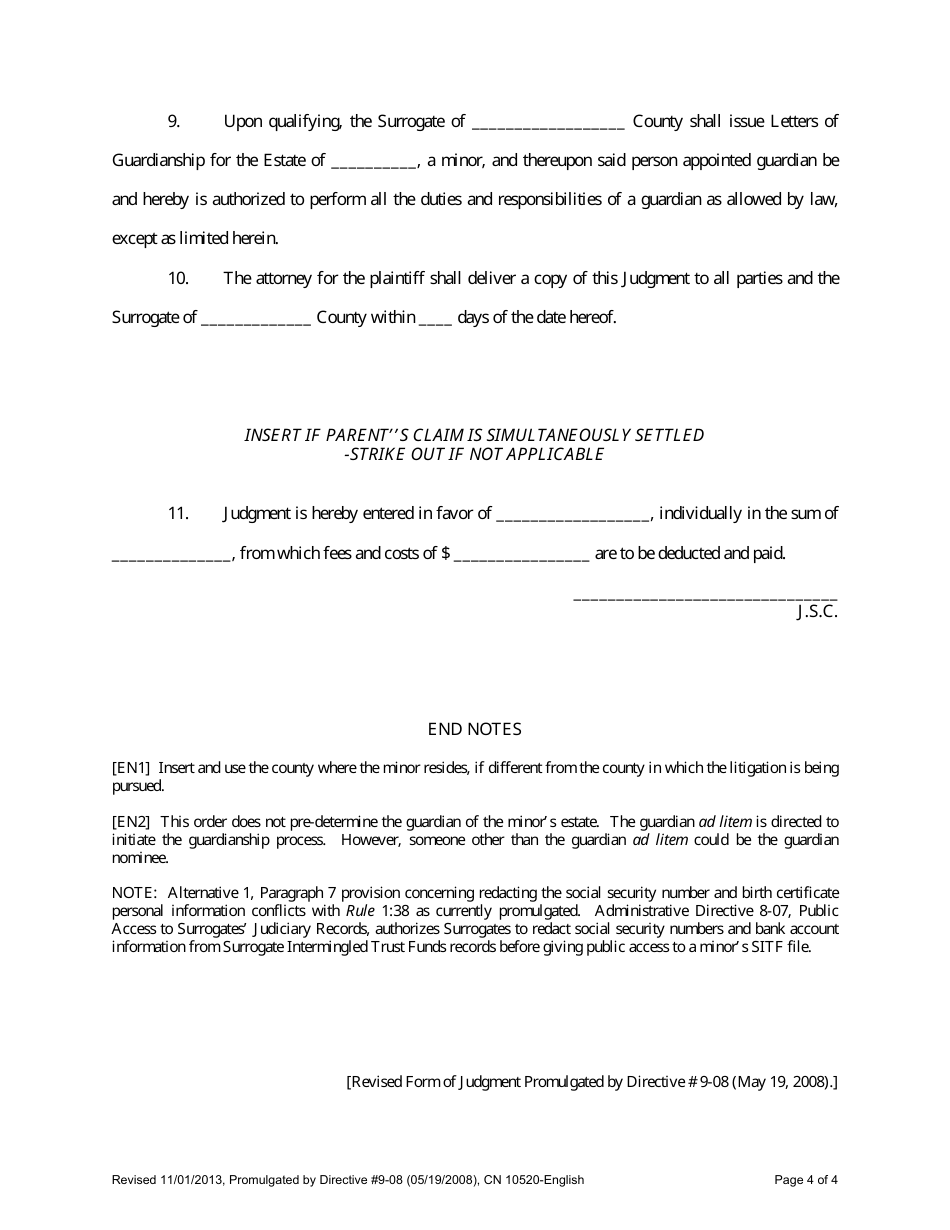 Form 10520 Judgment Approving Minors Settlement and Directing the (Deposit) (Investment) of Funds - New Jersey, Page 4