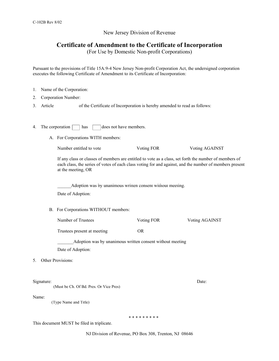 Form C-102B Certificate of Amendment to the Certificate of Incorporation Template - New Jersey, Page 1