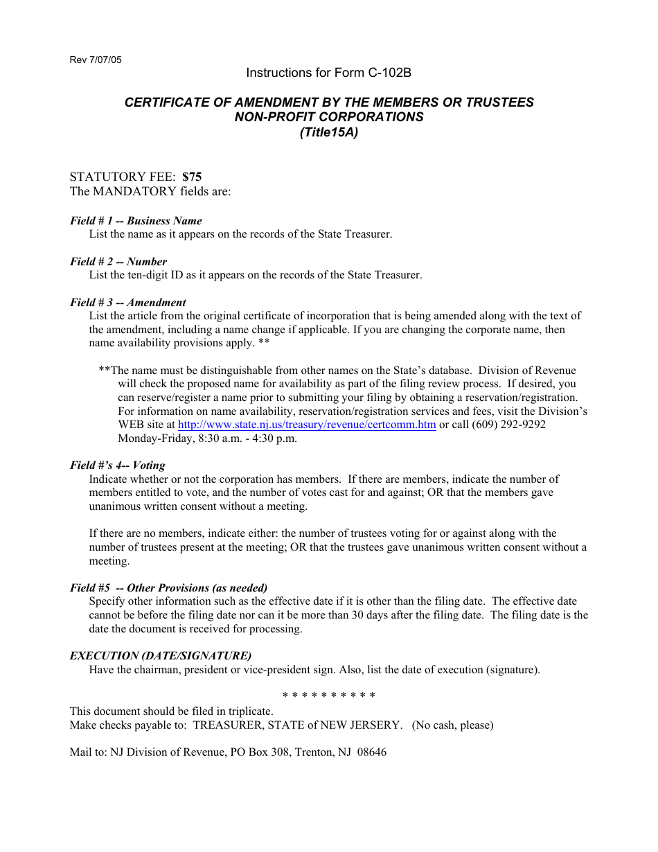Form C-102B Certificate of Amendment to the Certificate of Incorporation Template - New Jersey, Page 2