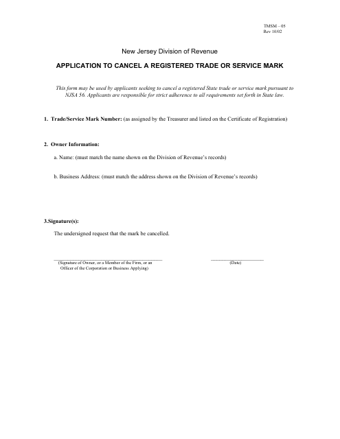 Form TMSM-05 Application to Cancel a Registered Trade or Service Mark - New Jersey