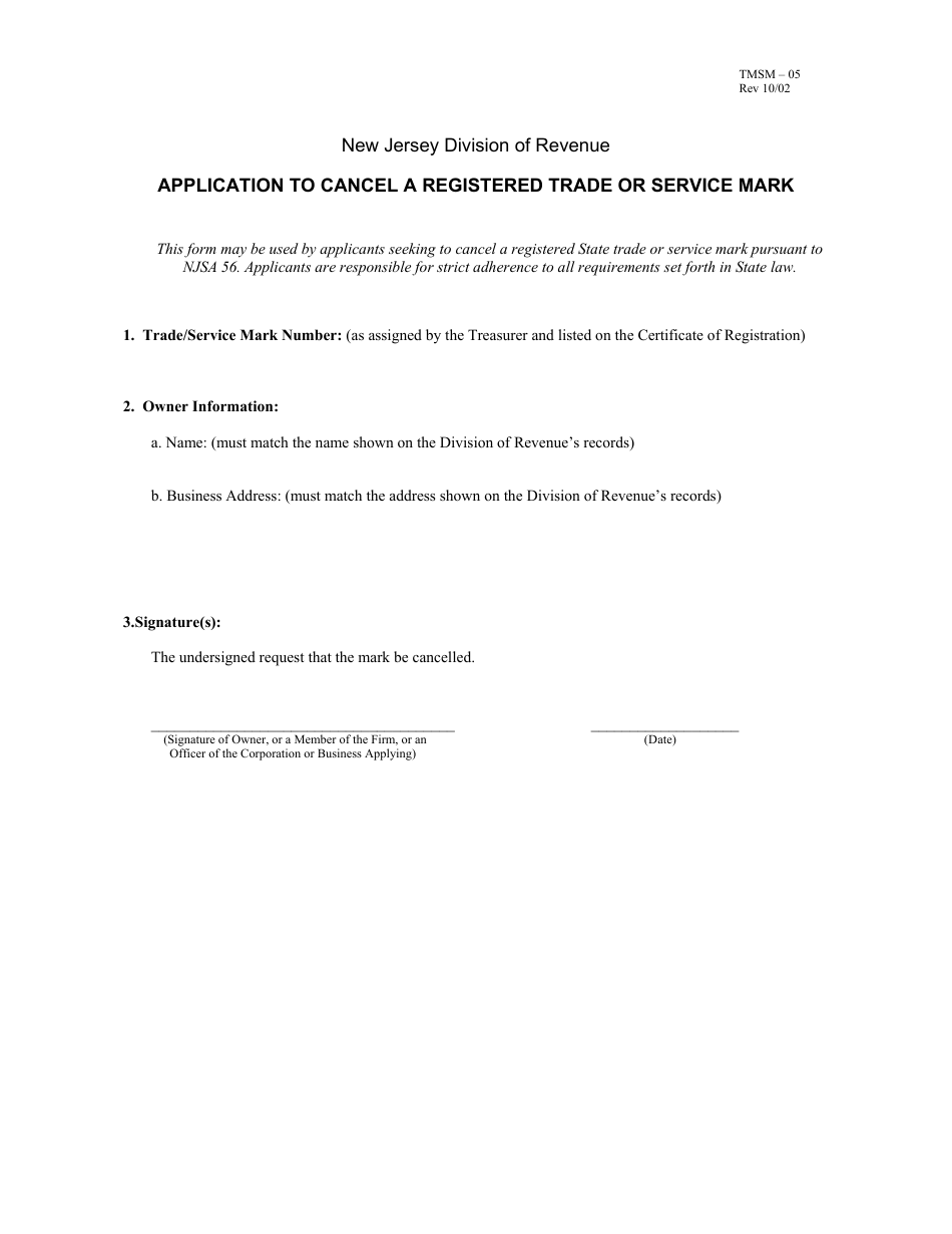 Form TMSM-05 Application to Cancel a Registered Trade or Service Mark - New Jersey, Page 1