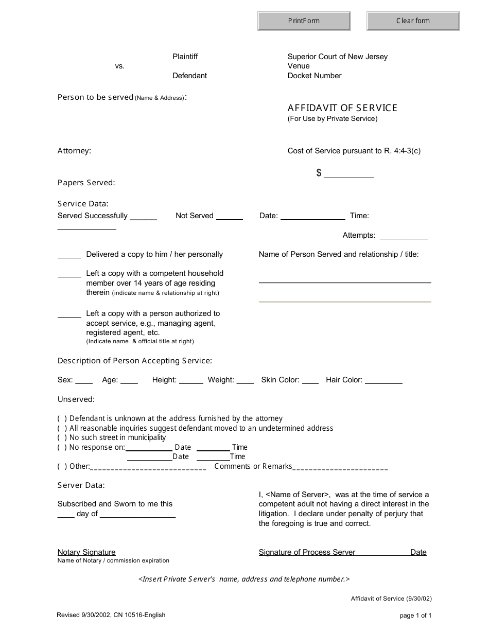 Form 10516 Affidavit of Service - New Jersey, Page 1