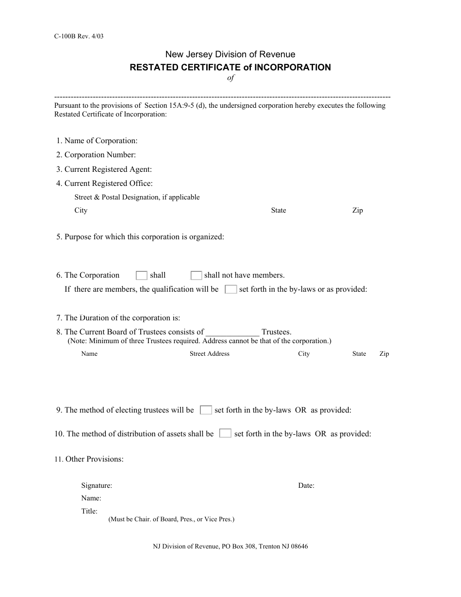 Form C-100B Restated Certificate of Incorporation - New Jersey, Page 1
