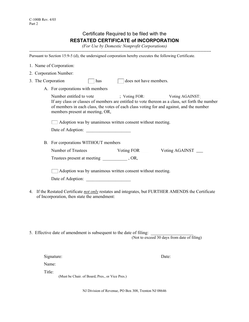 Form C-100B Restated Certificate of Incorporation - New Jersey, Page 2