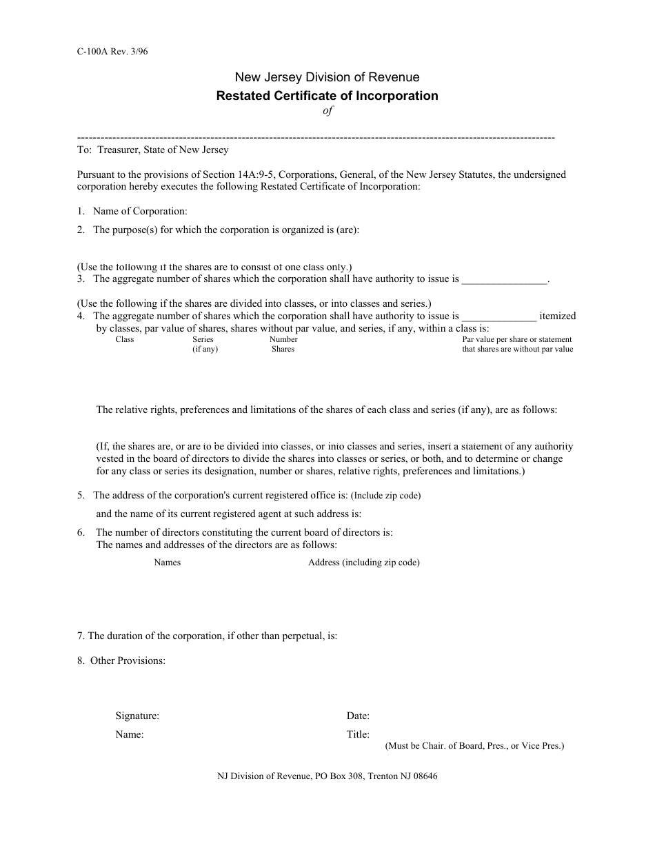 Form C-100A Restated Certificate of Incorporation - New Jersey, Page 1
