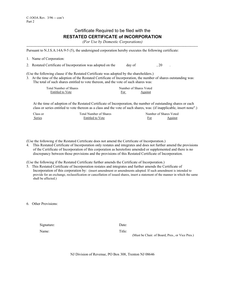 Form C-100A Restated Certificate of Incorporation - New Jersey, Page 2