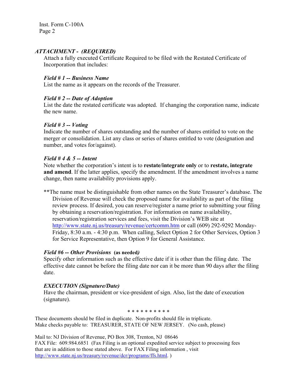 Form C-100A Restated Certificate of Incorporation - New Jersey, Page 4