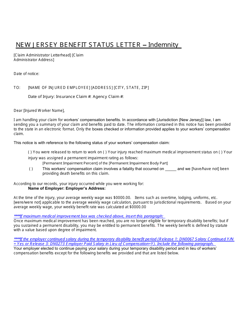 New Jersey Benefit Status Letter - Indemnity - New Jersey, Page 1
