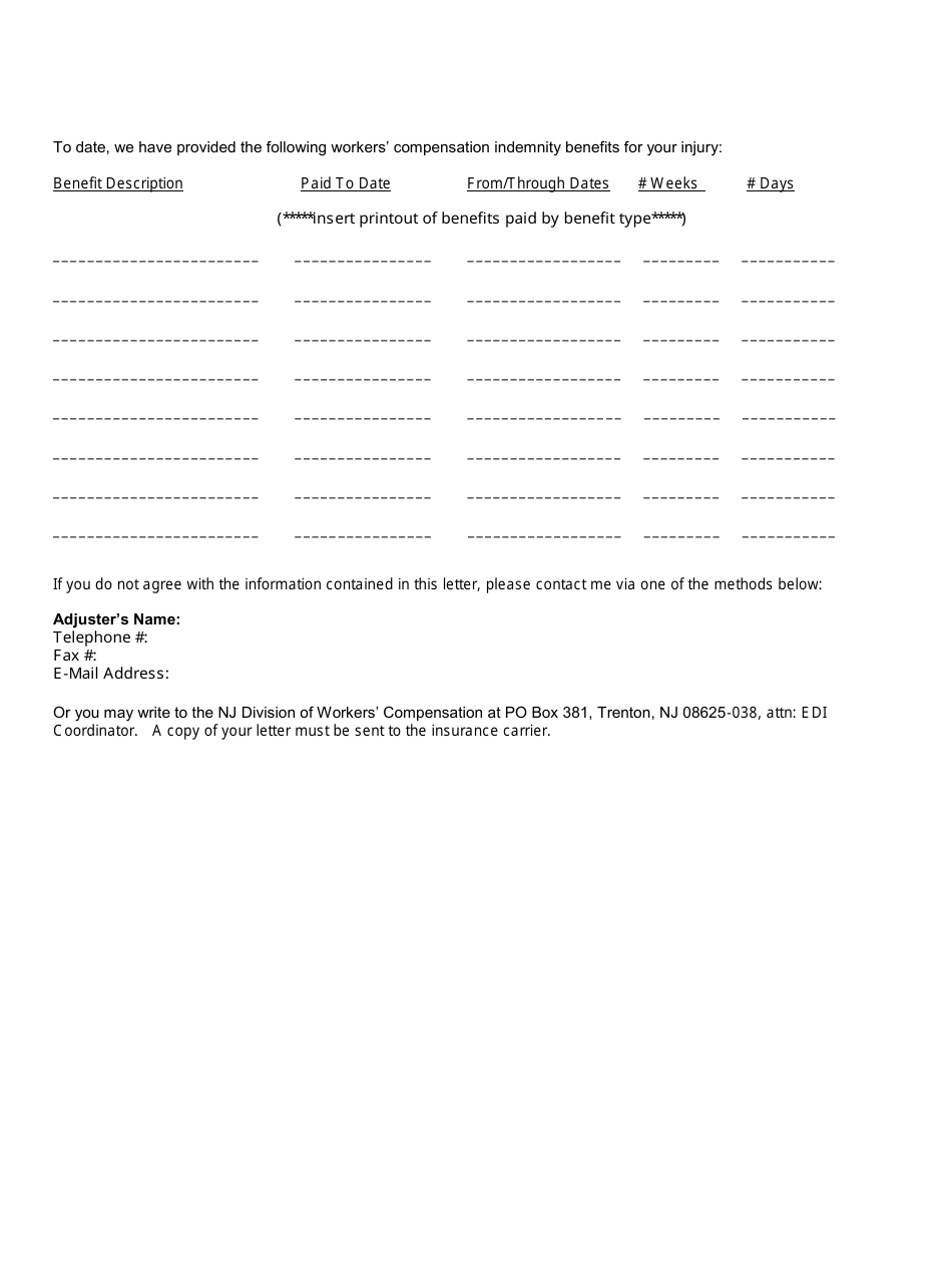 New Jersey Benefit Status Letter - Indemnity - New Jersey, Page 2