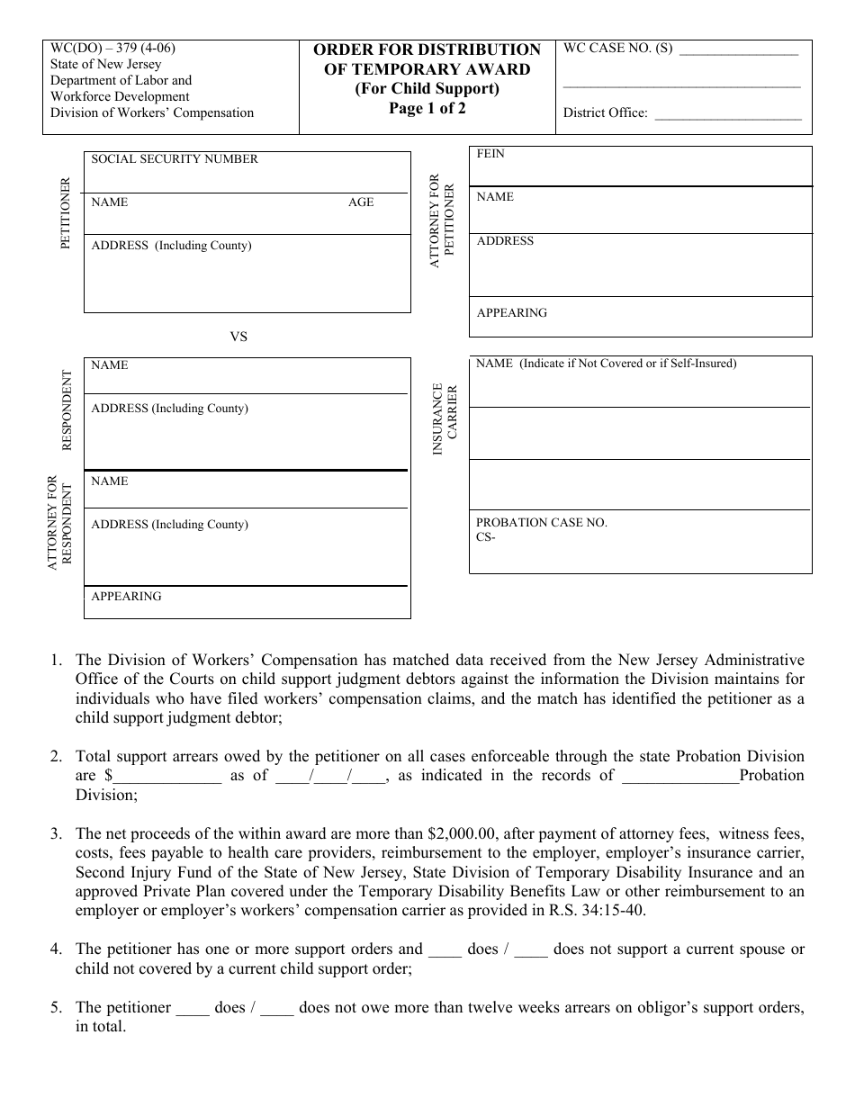 Form WC(DO)-379 Order for Distribution of Temporary Award (For Child Support) - New Jersey, Page 1