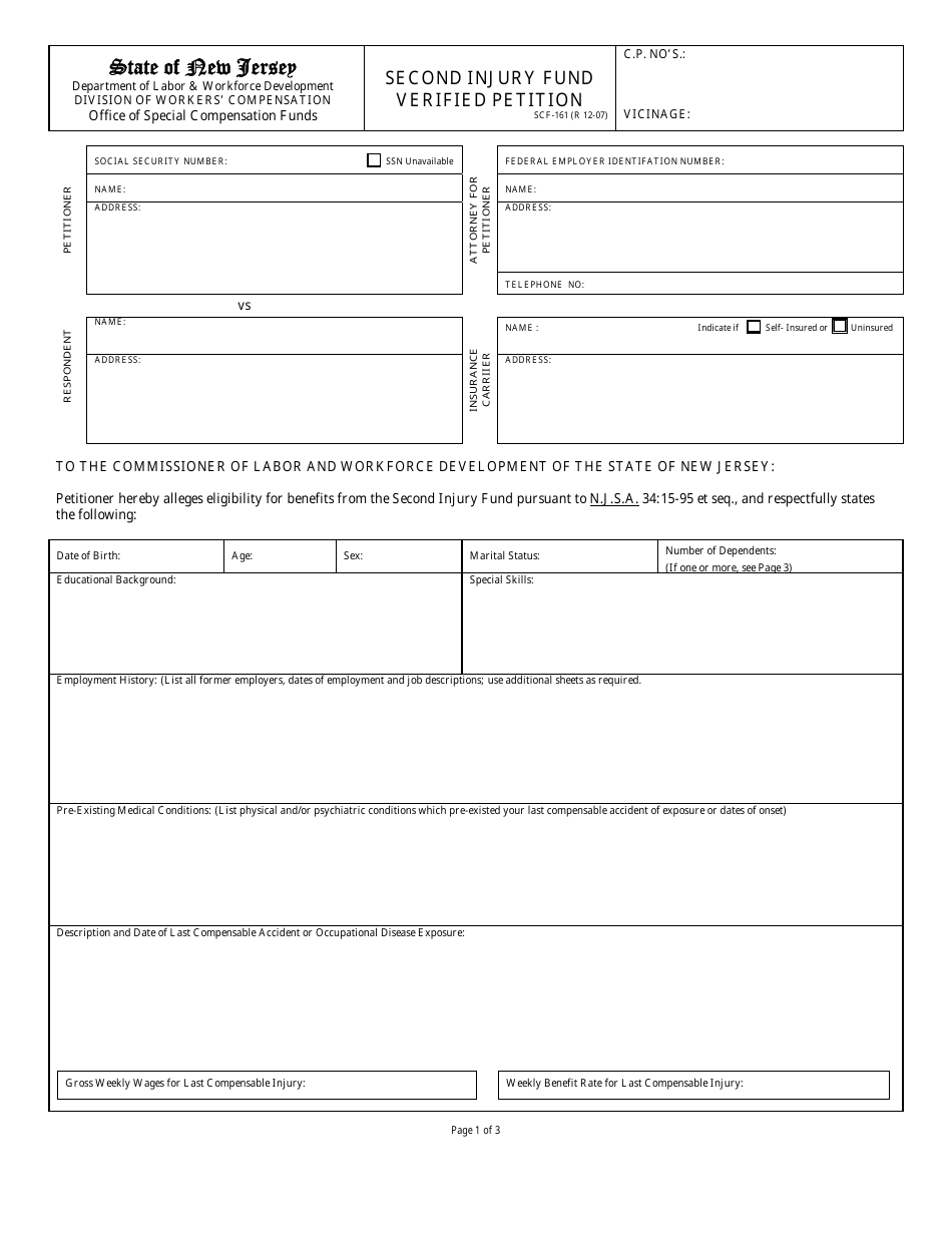 Form SCF-161 Second Injury Fund Verified Petition - New Jersey, Page 1