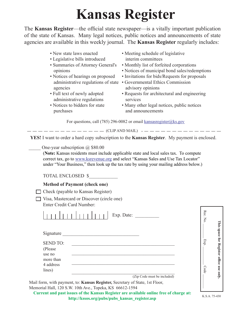 Kansas Register Subscription Form - Kansas, Page 1