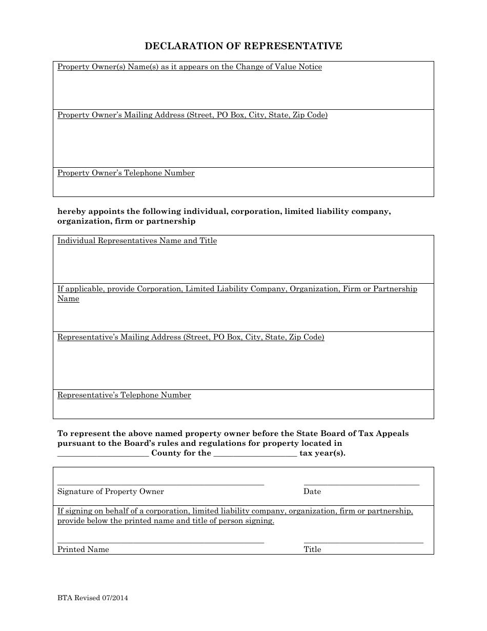 Declaration of Representative Form - Kansas, Page 1