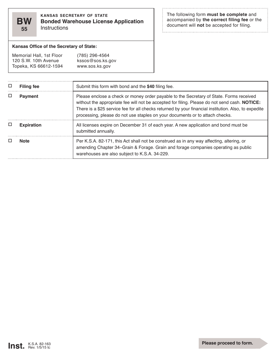 Form BW55 Bonded Warehouse License Application - Kansas, Page 1