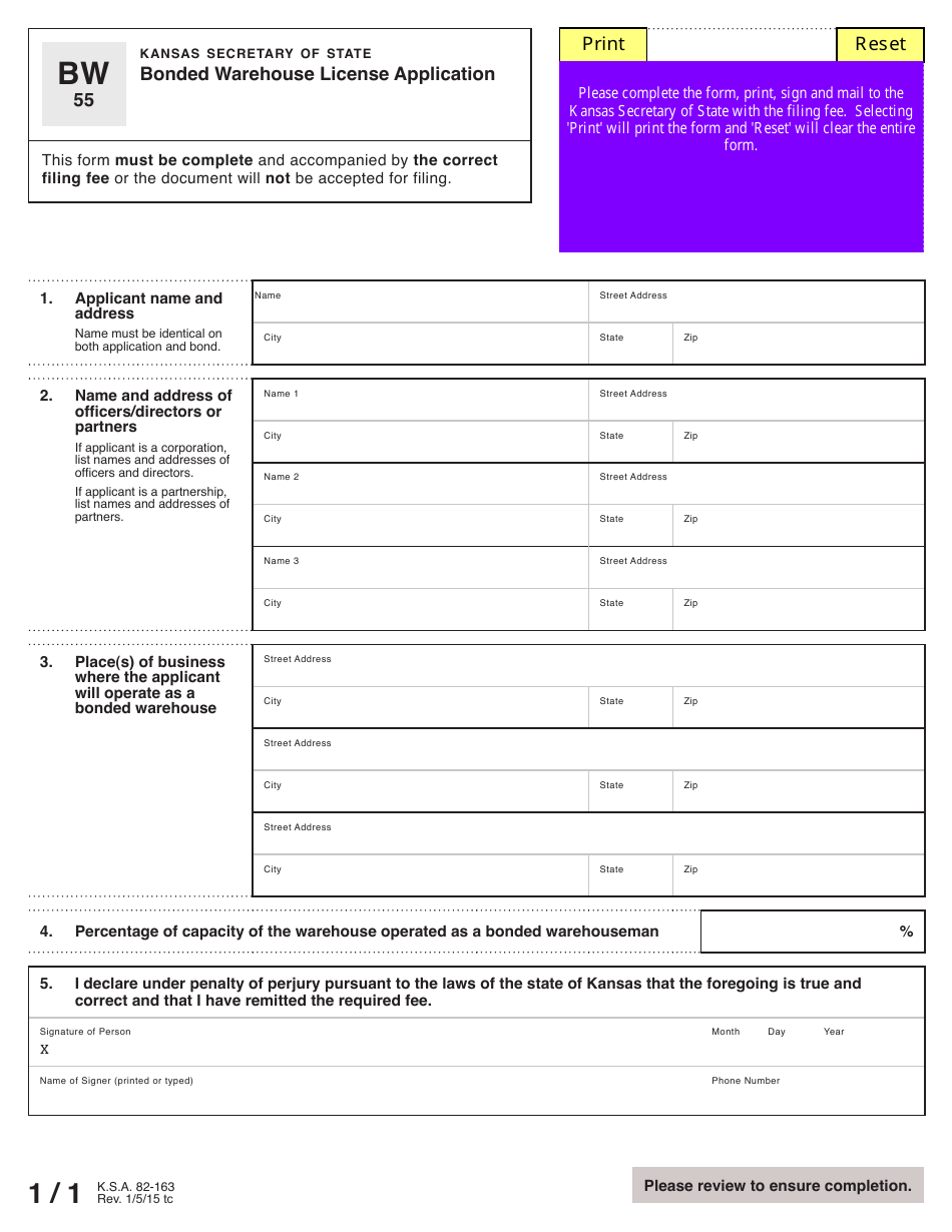 Form BW55 Bonded Warehouse License Application - Kansas, Page 2
