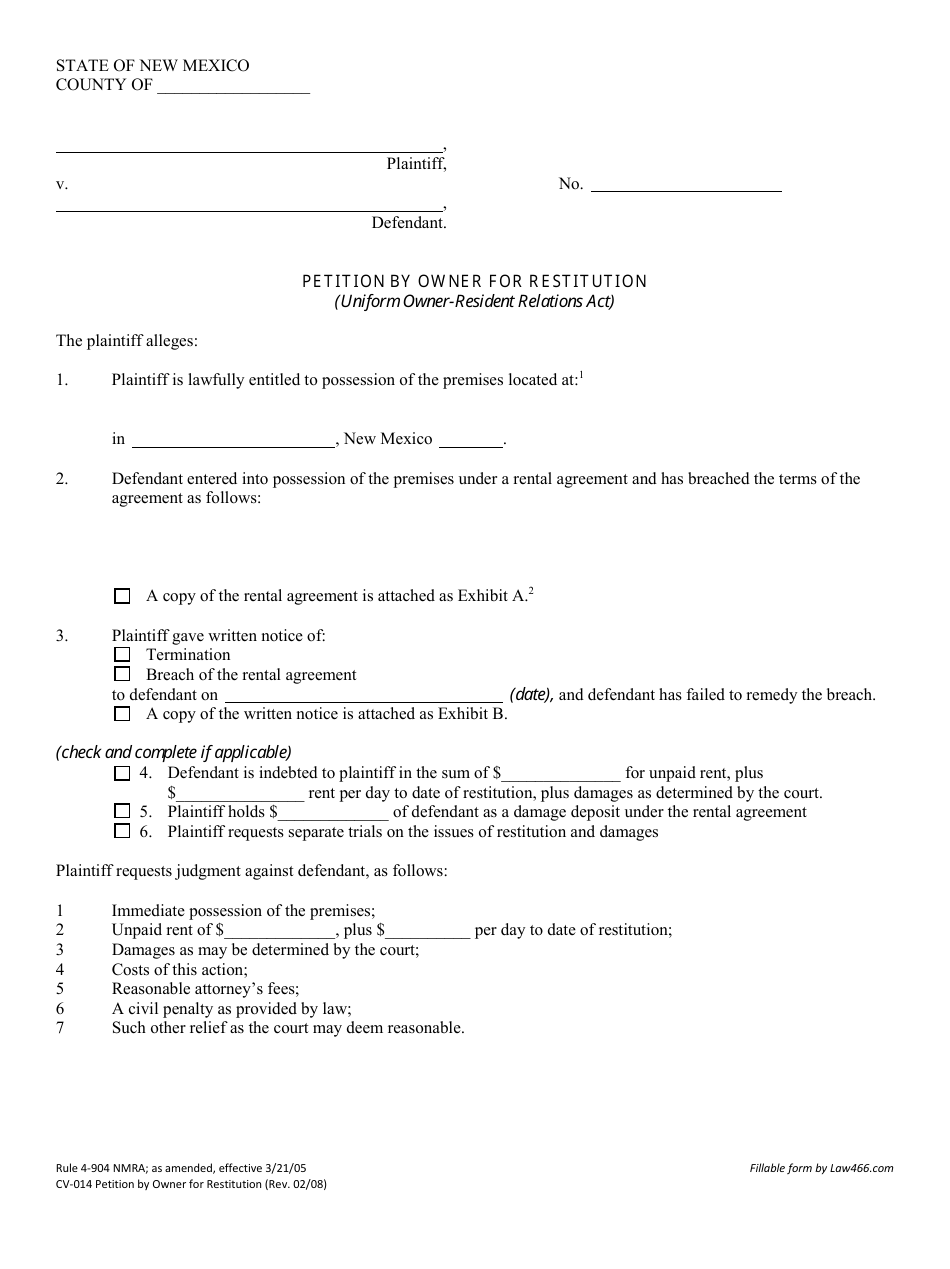 Form CV-014 Petition by Owner for Restitution - New Mexico, Page 1