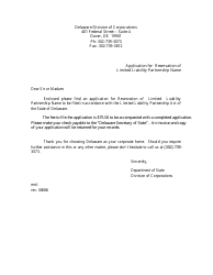 Document preview: Application for Reservation of Limited Liability Partnership Name - Delaware