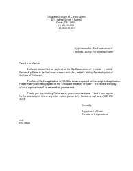 Document preview: Application for Re-reservation of Limited Liability Partnership Name - Delaware