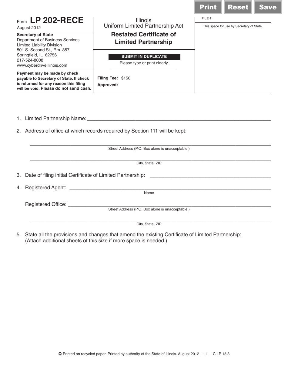Form LP202-RECE Restated Certificate of Limited Partnership - Illinois, Page 1