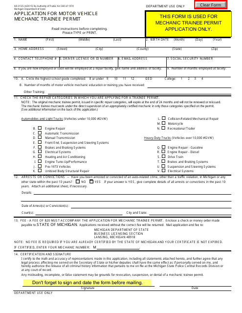 Form AR-0135 Application for Motor Vehicle Mechanic Trainee Permit - Michigan