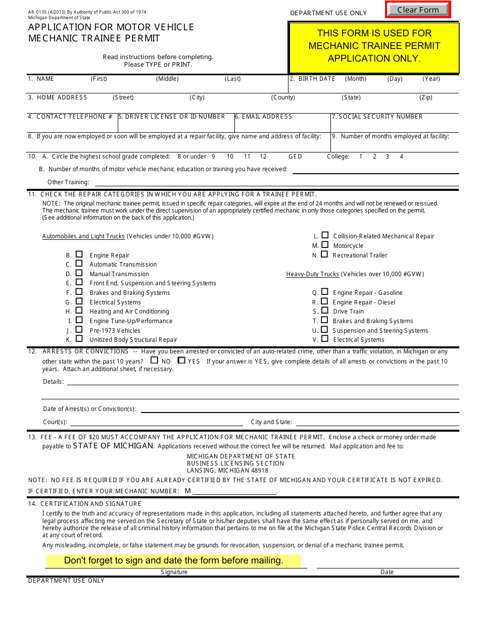 Form AR-0135 Application for Motor Vehicle Mechanic Trainee Permit - Michigan, Page 1