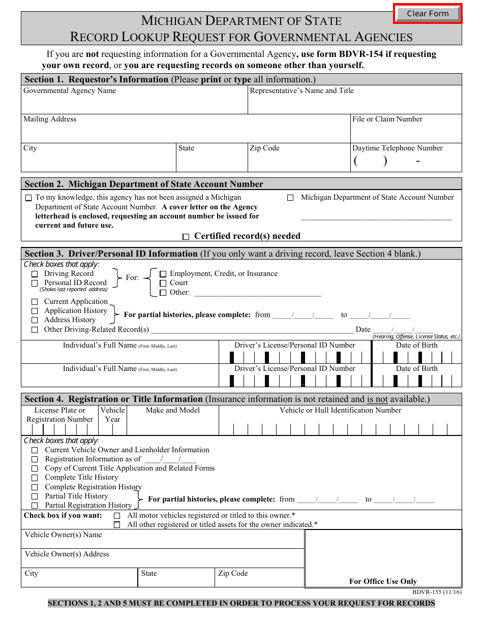 Form BDVR-155 Record Lookup Request for Governmental Agencies - Michigan, Page 1