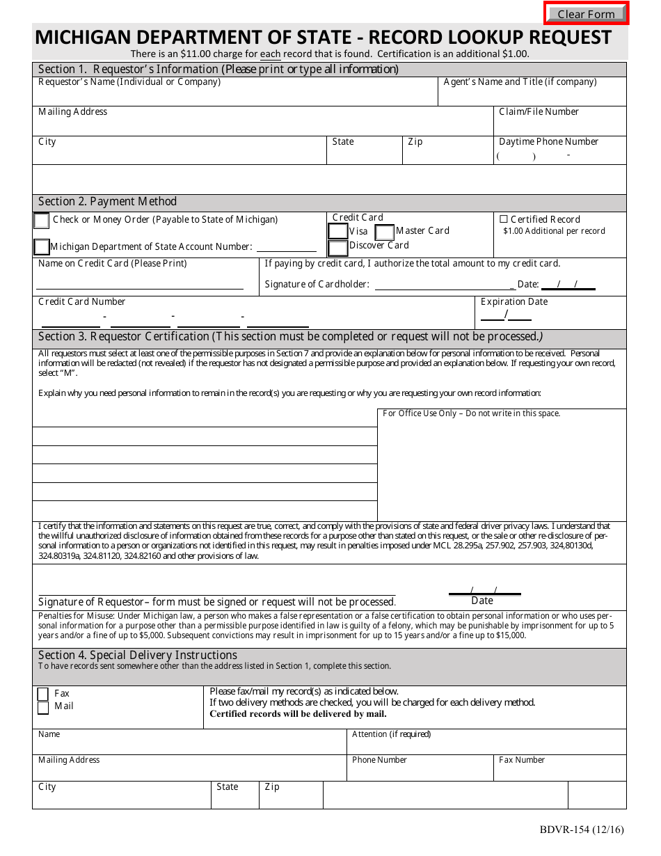 Form BDVR-154 Record Lookup Request - Michigan, Page 2