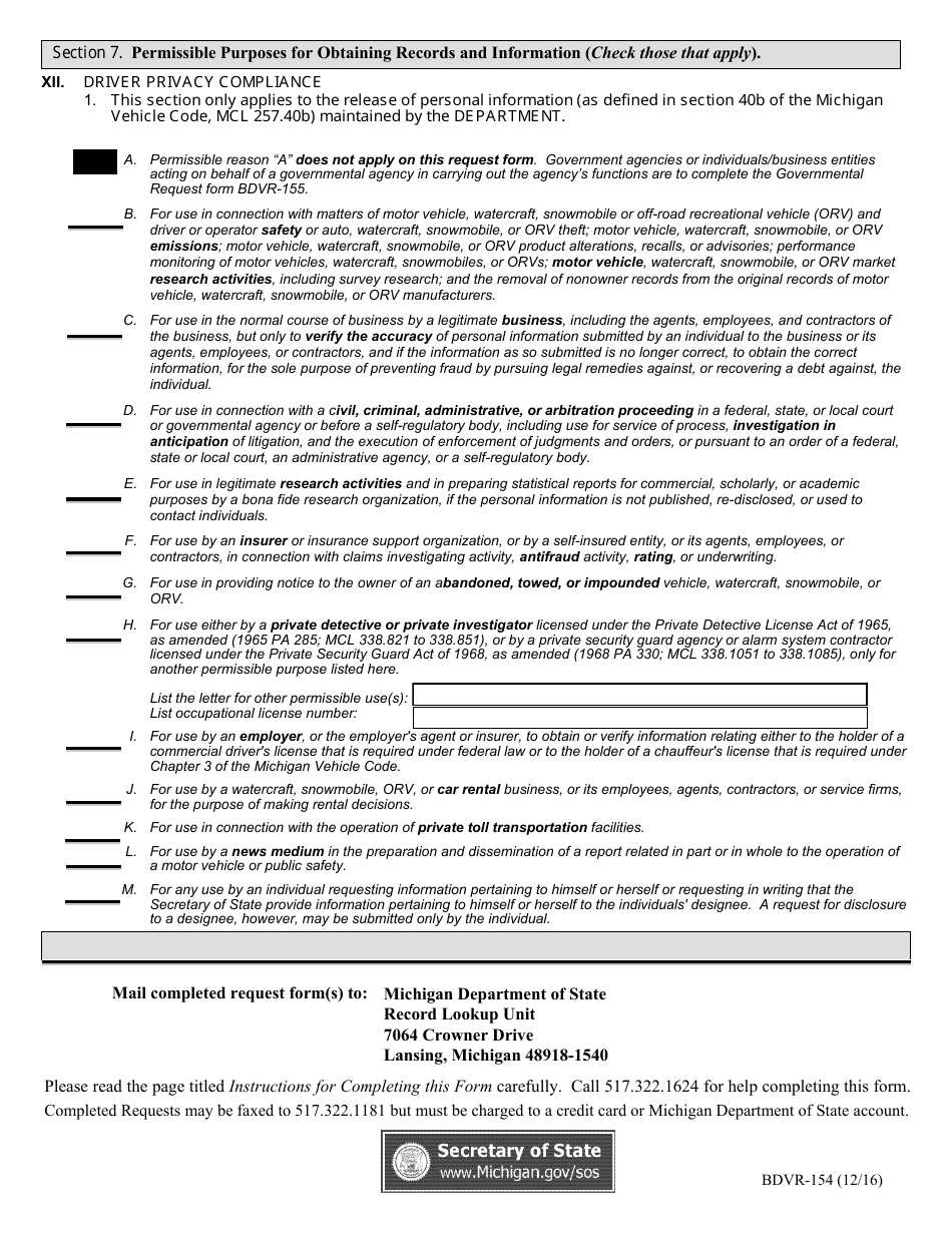 Form BDVR-154 Record Lookup Request - Michigan, Page 4