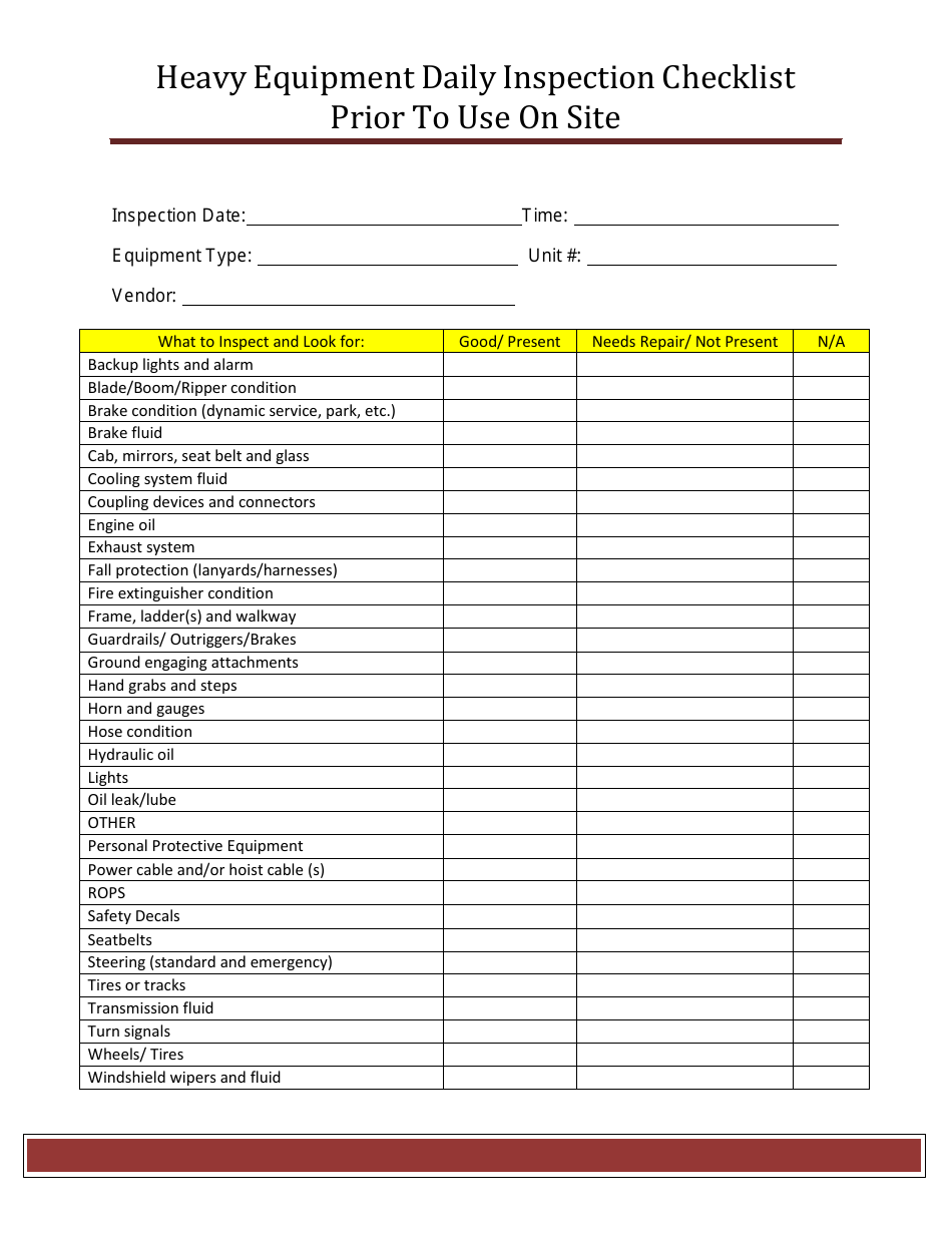 Heavy Equipment Daily Inspection Checklist Template Prior to Use on Site, Page 1