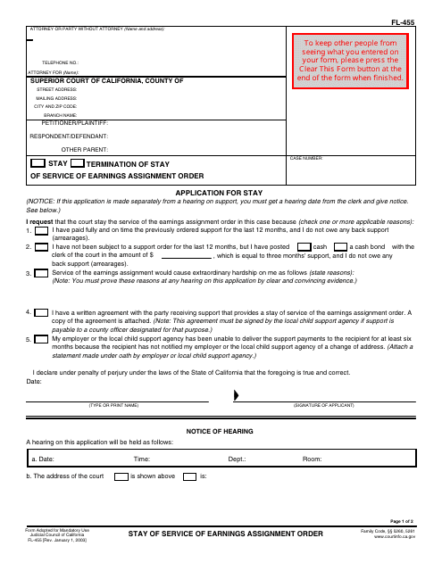 Form FL-455 Stay of Service of Earnings Assignment and Order - California