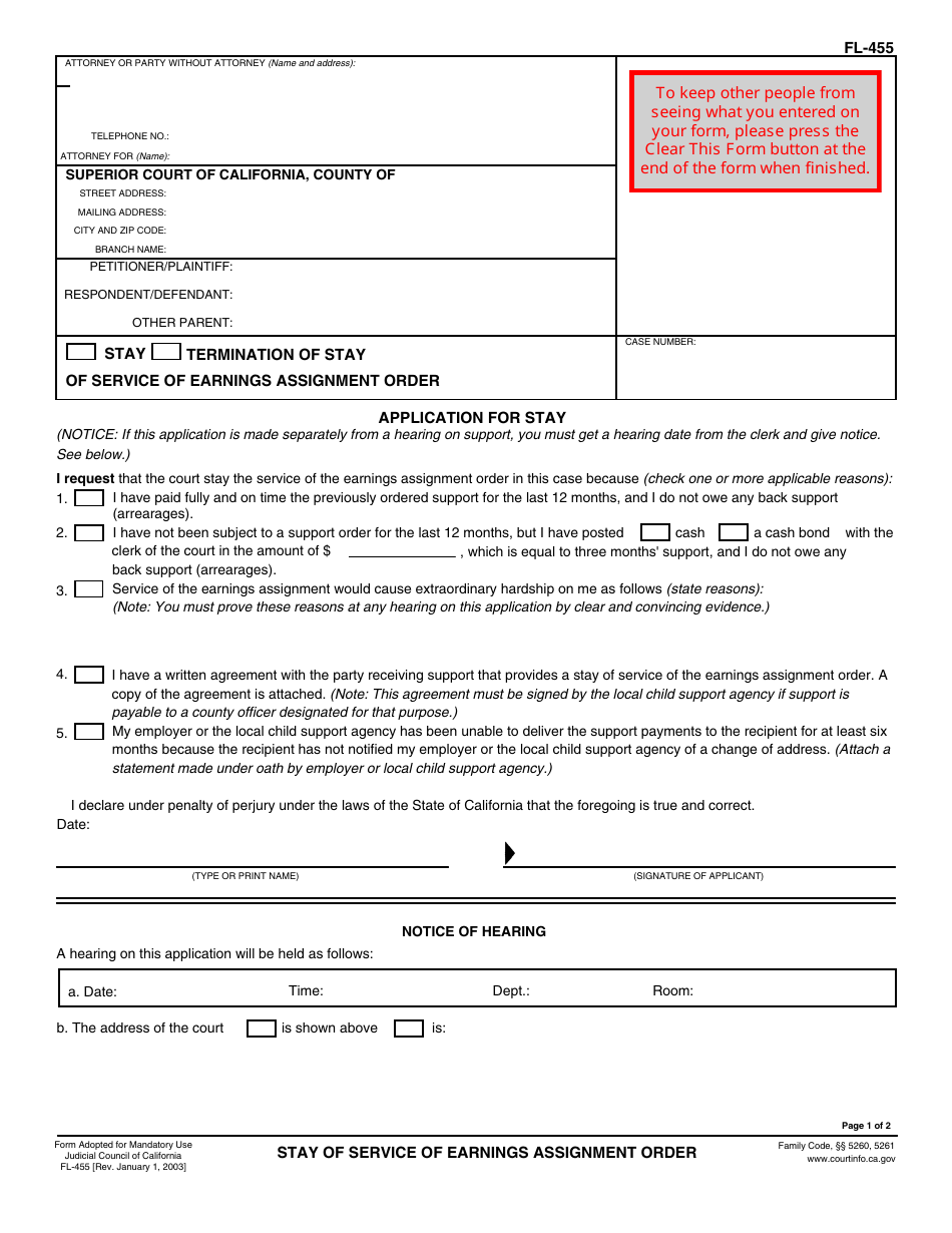 Form FL-455 Stay of Service of Earnings Assignment and Order - California, Page 1