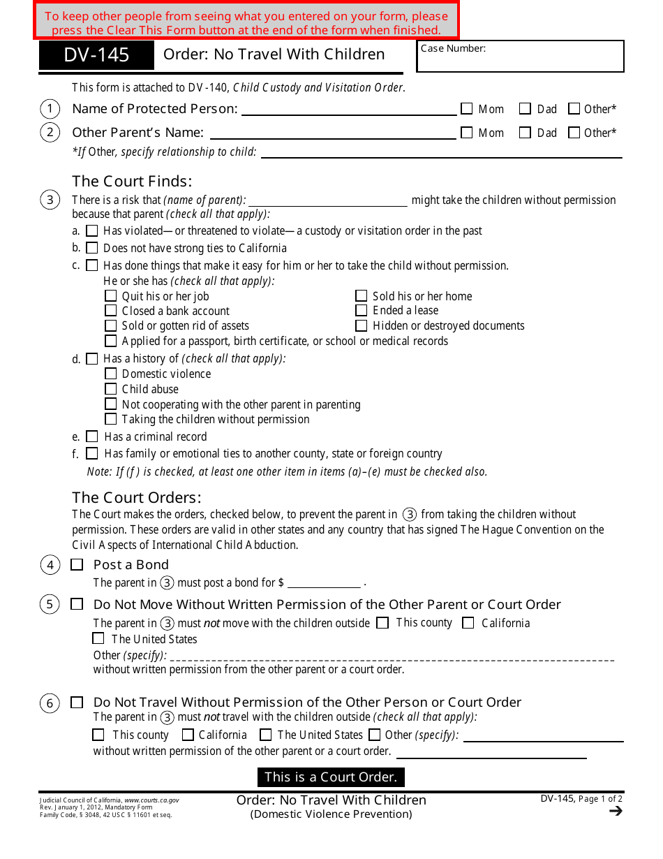 Form DV-145 Order: No Travel With Children - California, Page 1
