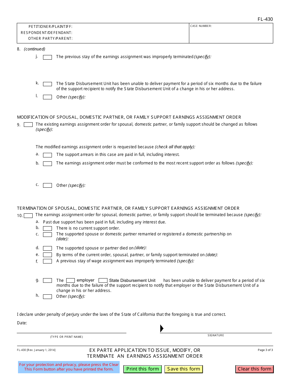 Form FL-430 Ex Parte Application to Issue, Modify, or Terminate an Earnings Assignment Order - California, Page 3