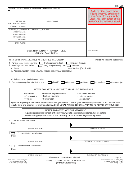 Form MC-050 Substitution of Attorney - Civil (Without Court Order) - California