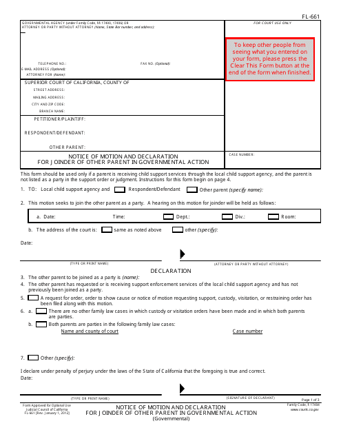 Form FL-661 Notice of Motion and Declaration for Joinder of Other Parent in Governmental Action - California