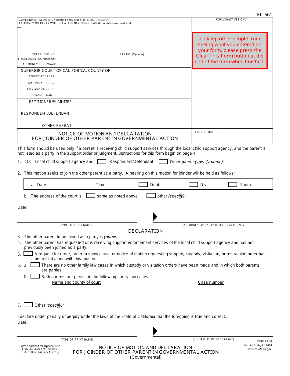 Form FL-661 Notice of Motion and Declaration for Joinder of Other Parent in Governmental Action - California, Page 1