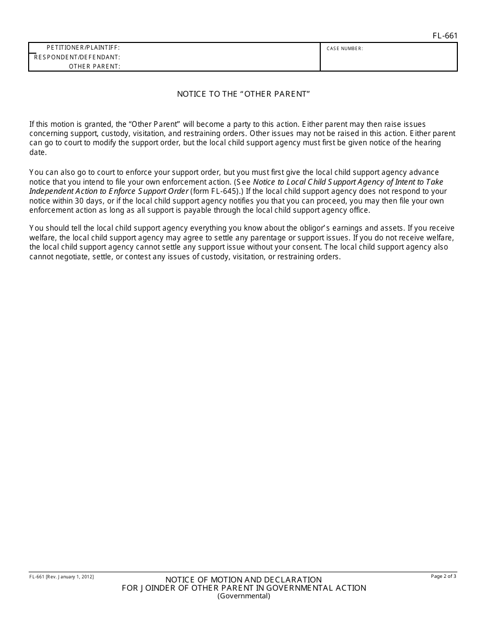 Form FL-661 Notice of Motion and Declaration for Joinder of Other Parent in Governmental Action - California, Page 2
